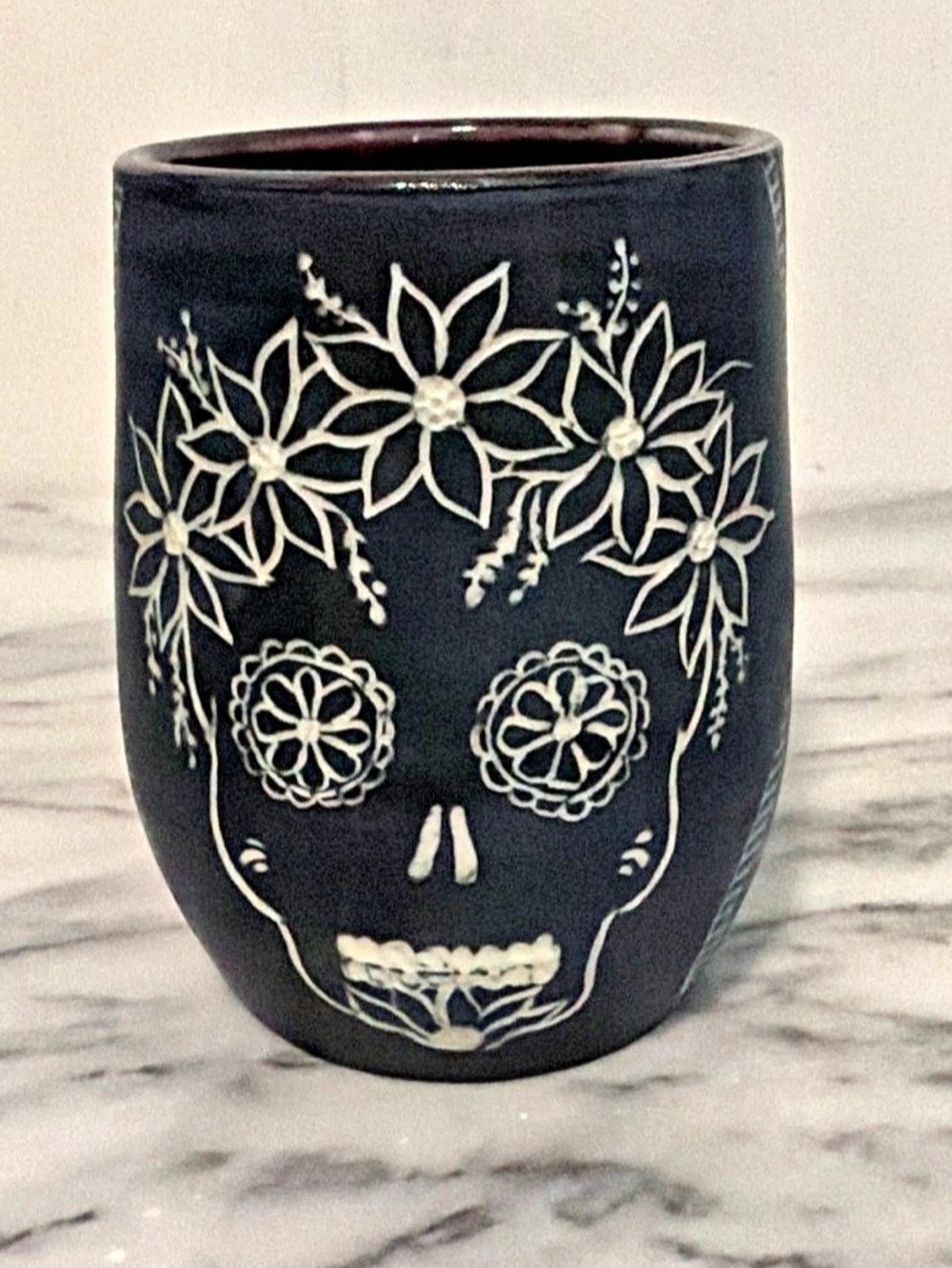 Sugar Skull Floral Vessel in Black & White sgraffito studio pottery calavera sig